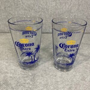 Corona Extra Drinking Glass 16oz Set 2 Clear Blue Palm Tree Barware Beer EUC